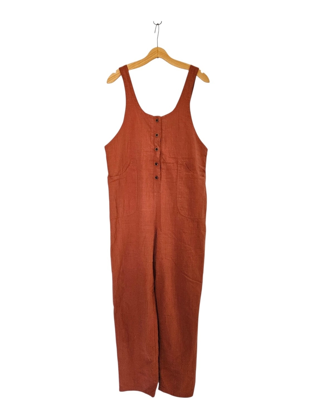 Linen Blend Overalls Womens M Burnt Orange Goblincore Hippie Boho Patch Pockets